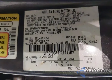 2015 Ford Fusion S z USA, uszkodzony, nr VIN 3FA6P0G74FR141502